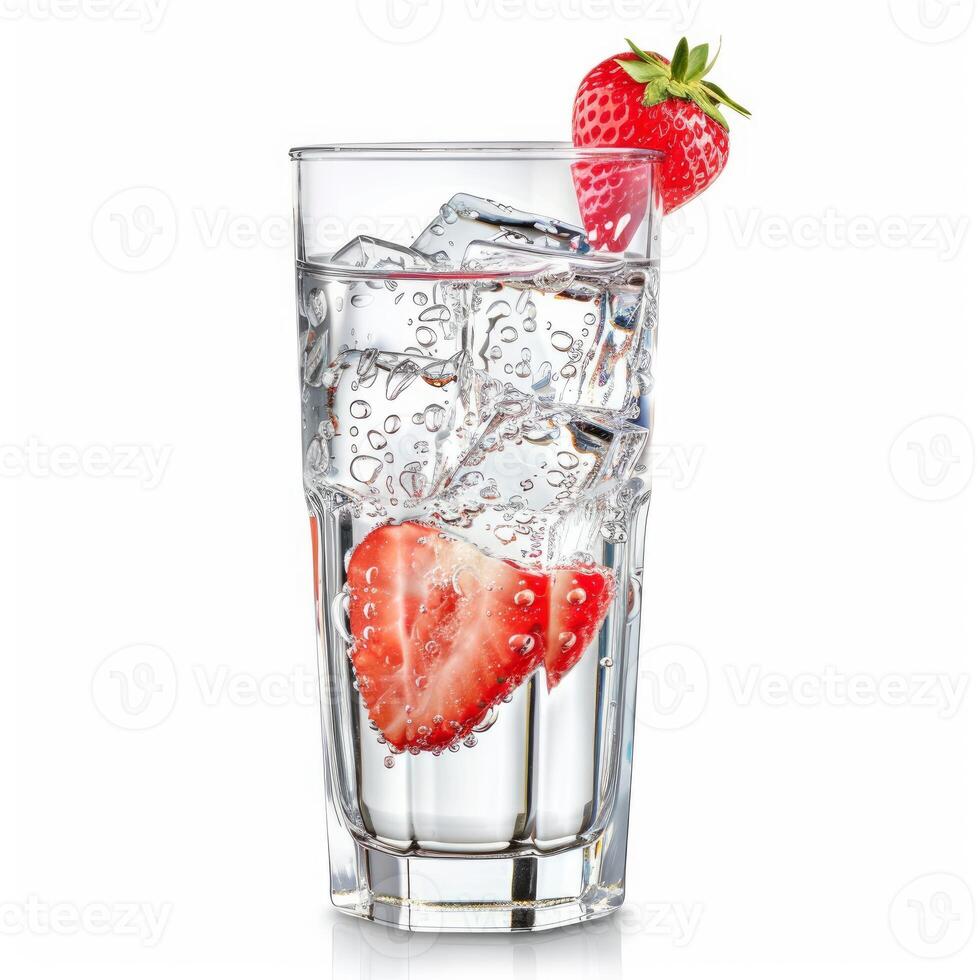 Refreshing strawberry drink with ice cubes and sparkling water on white background photo
