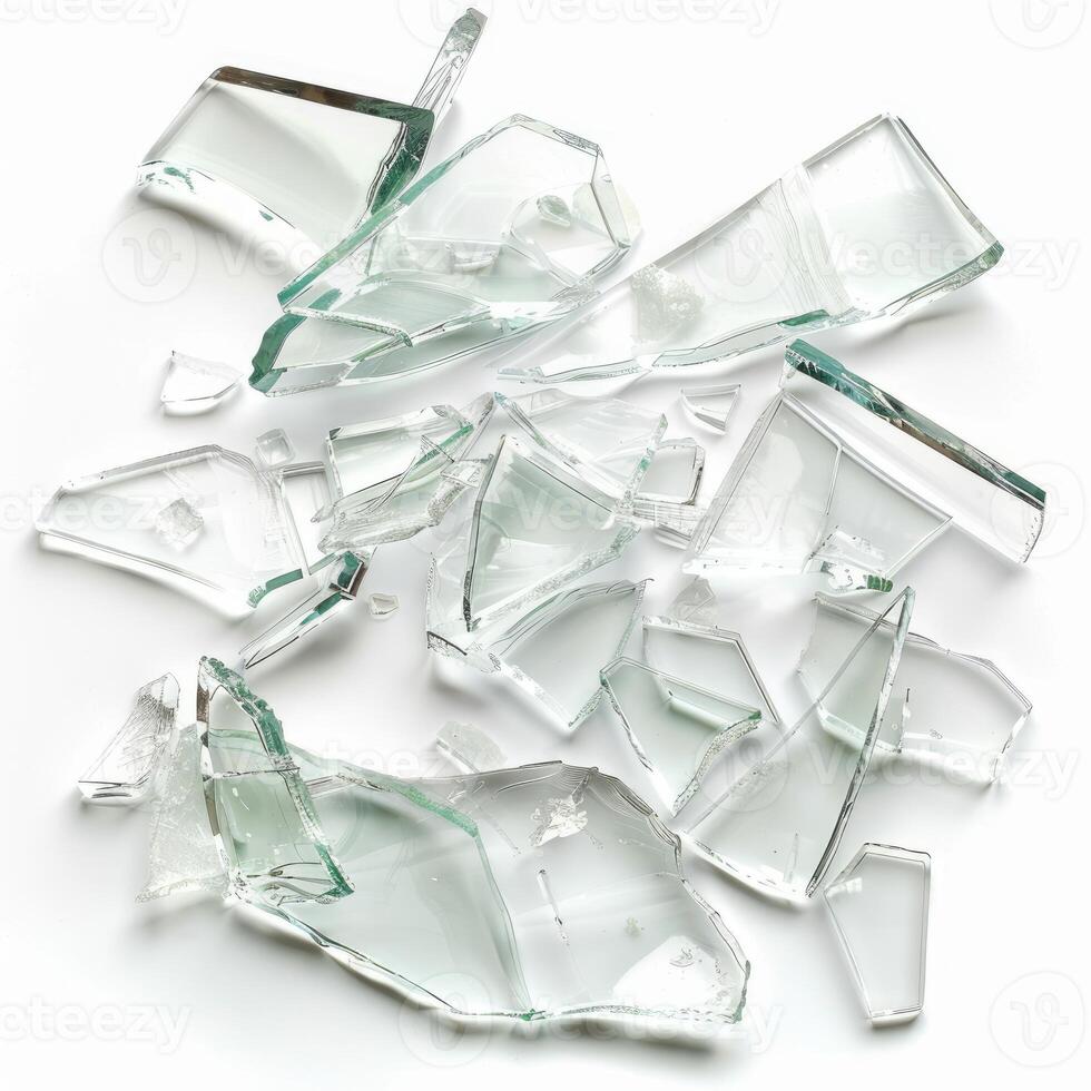 Broken glass shards lying on white surface photo