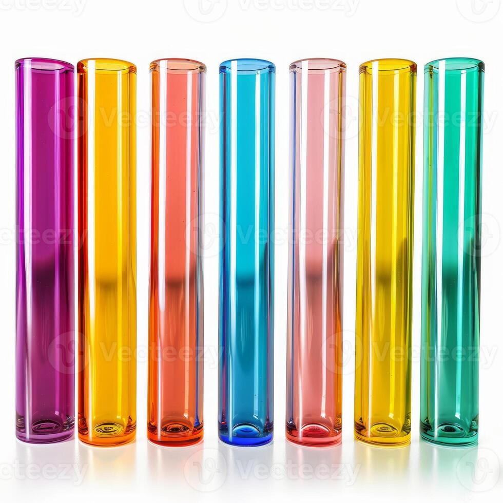 Colorful empty cocktail glasses standing in line on white background photo