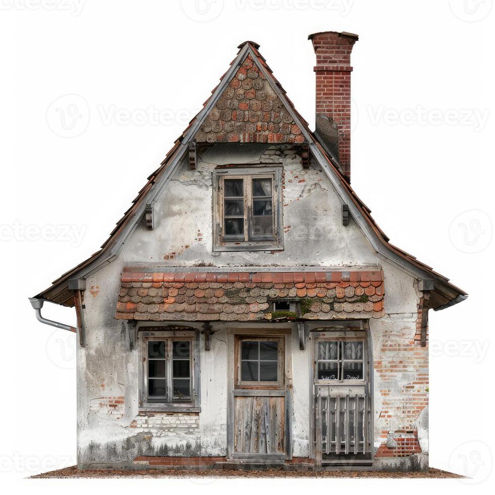 Old abandoned house falling apart with broken windows photo