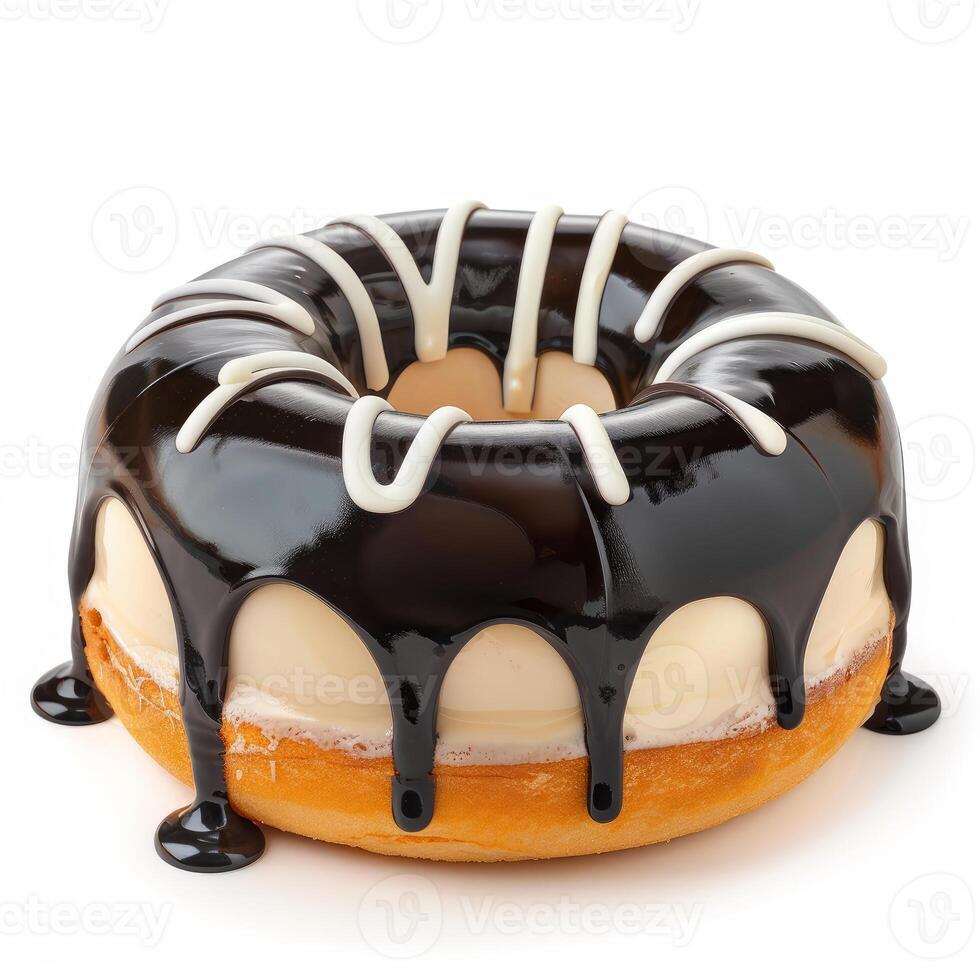 Delicious donut covered with dripping black icing and white chocolate stripes on white background photo