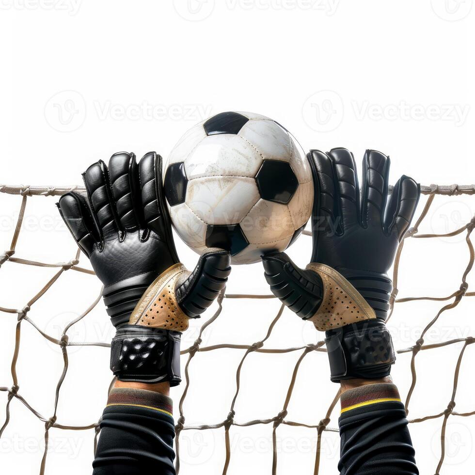 Goalkeeper jumping to catch a soccer ball in front of the net photo