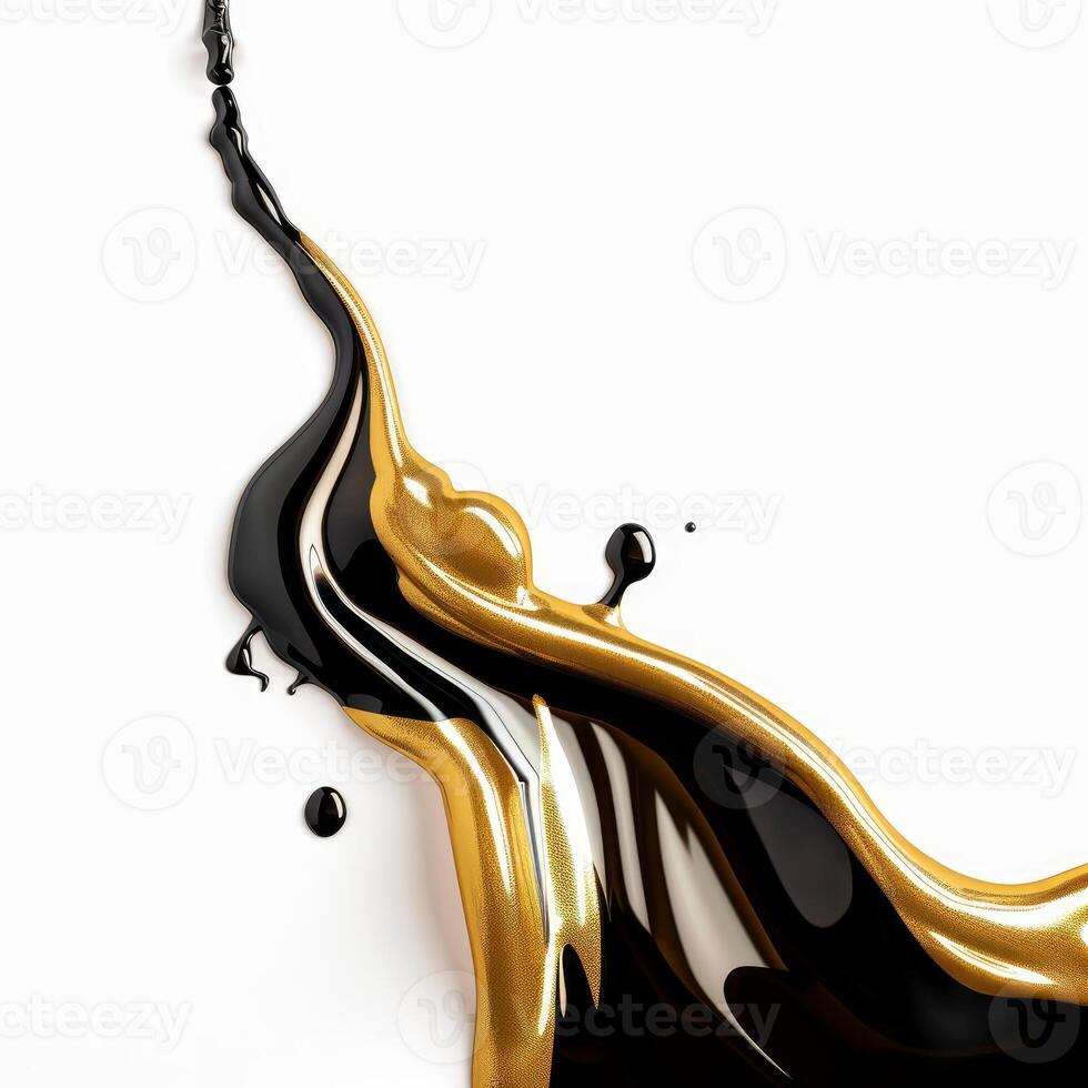 Liquid black and gold paint splashing upwards on white background photo