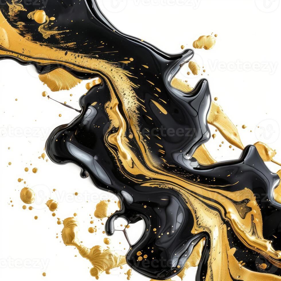 Black and gold liquid paint pouring and mixing creating abstract shapes photo