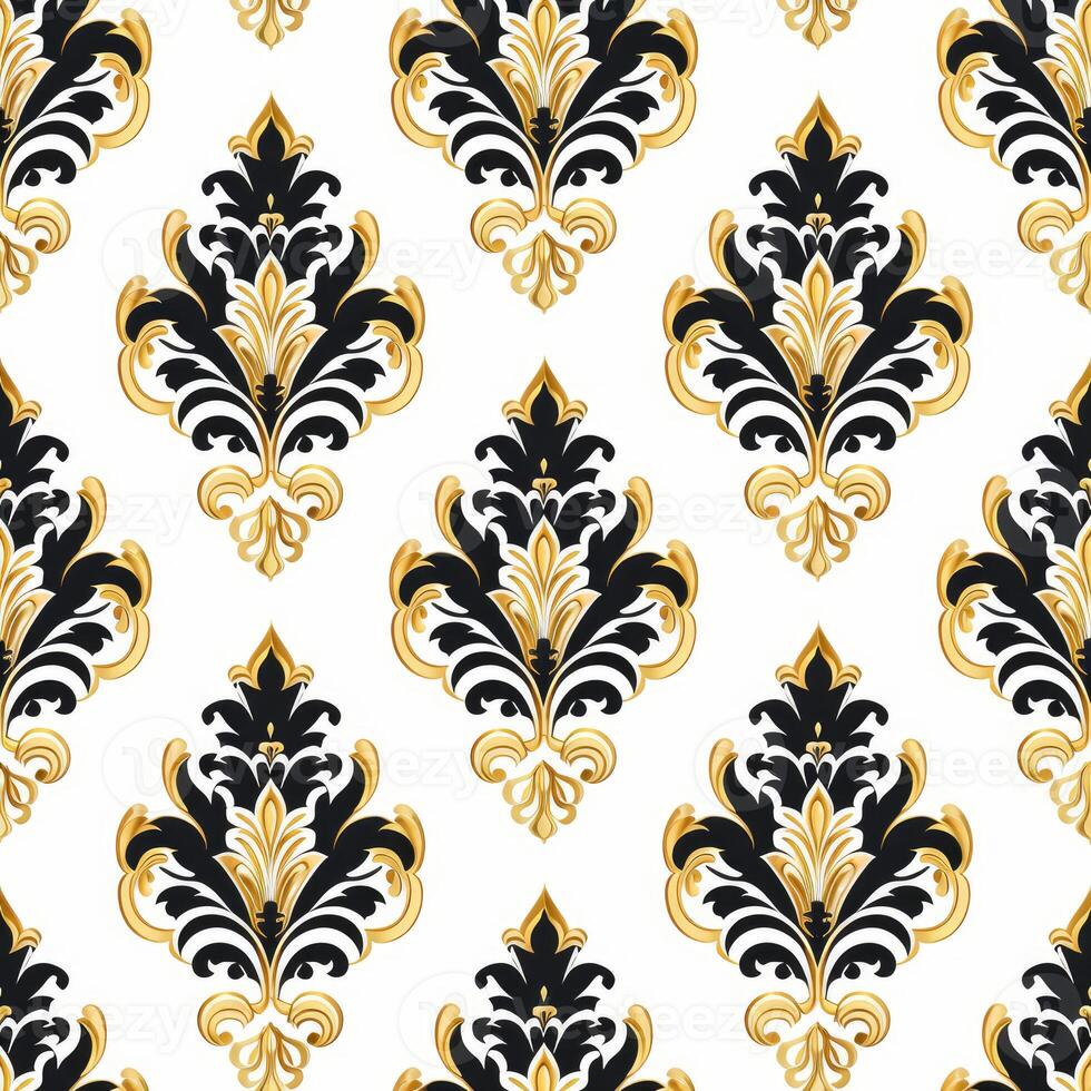 Luxurious black and gold damask pattern repeating on white background photo