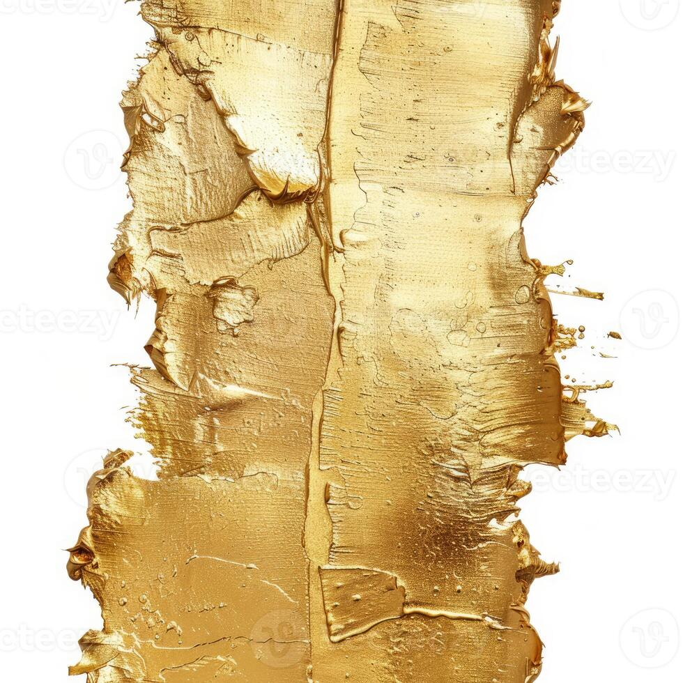 Abstract golden paint texture splashes dripping on white background photo