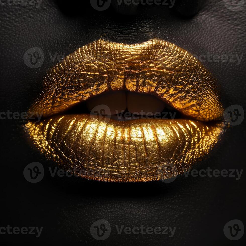 Black woman showing golden lips makeup photo