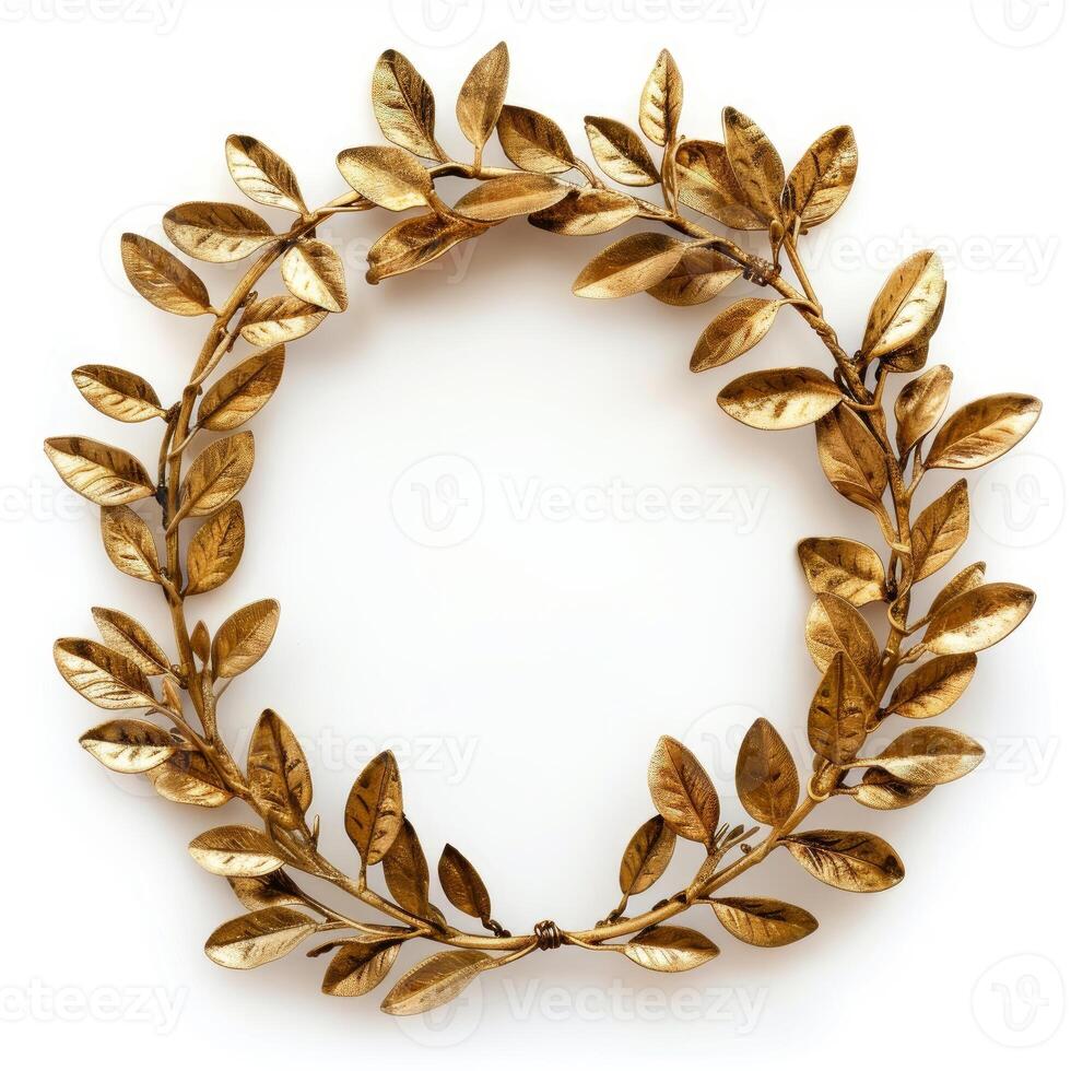 Golden laurel wreath forming circle on white background photo
