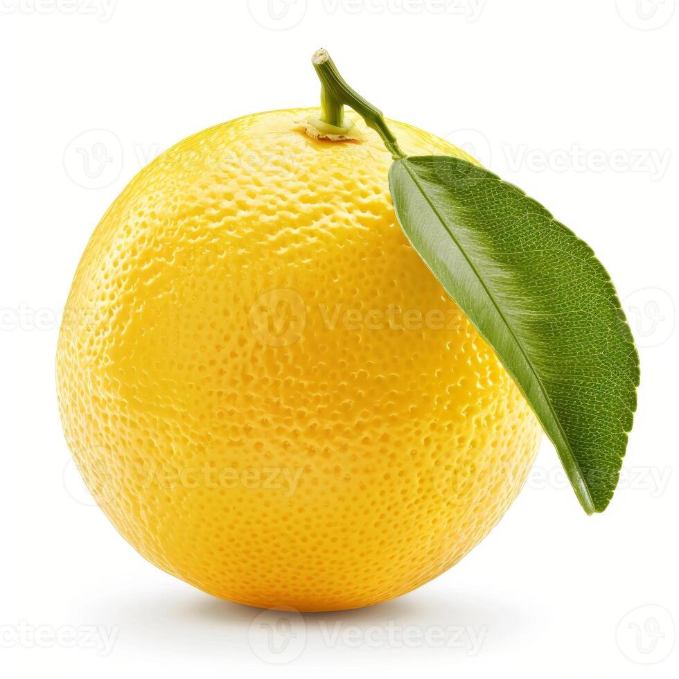 Ripe yellow lemon with leaf isolated on white background photo