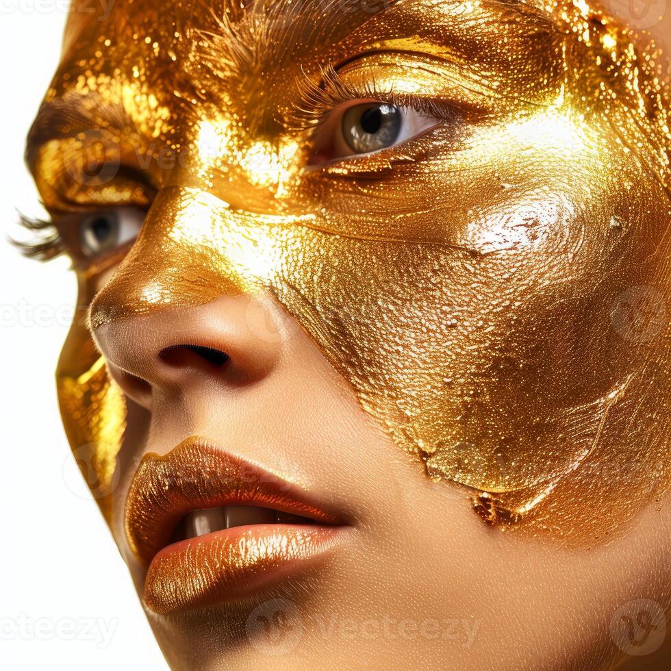 Beautiful woman posing with golden makeup mask on face photo