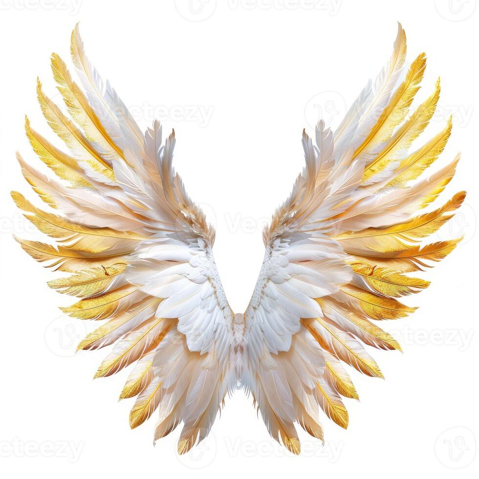 Pair of large white angel wings with golden feathers isolated on white background photo