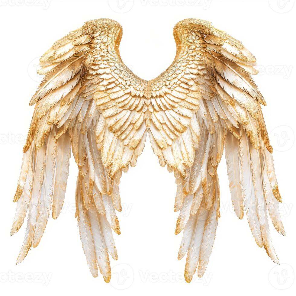 Pair of large white and gold feather angel wings spread open isolated on white background photo