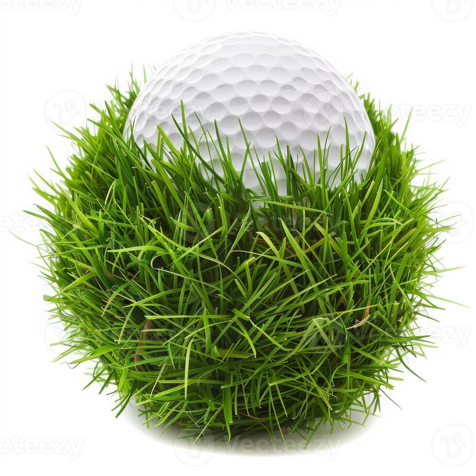 Golf ball resting in lush green grass photo