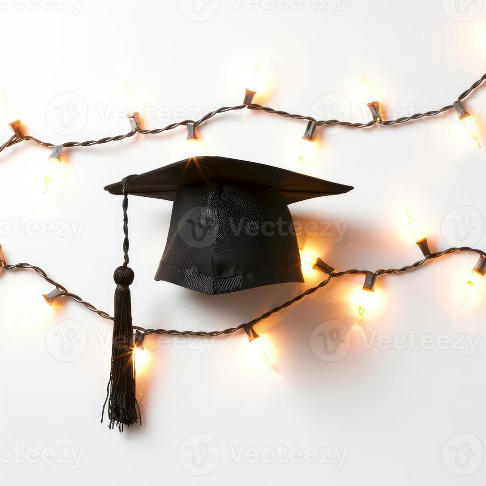 Graduation cap surrounded by glowing string lights on white background photo