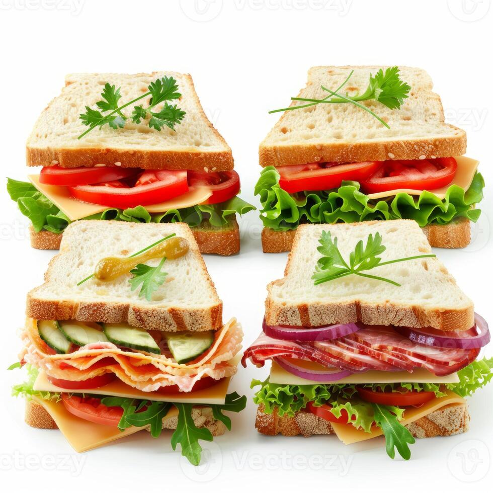 Four appetizing sandwiches with various ingredients stacked on top of each other photo