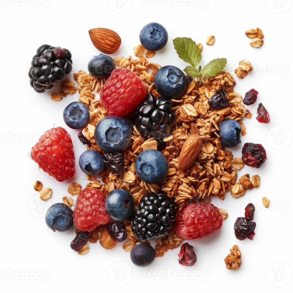 Crunchy granola with fresh berries and nuts forming a side border on a white background photo