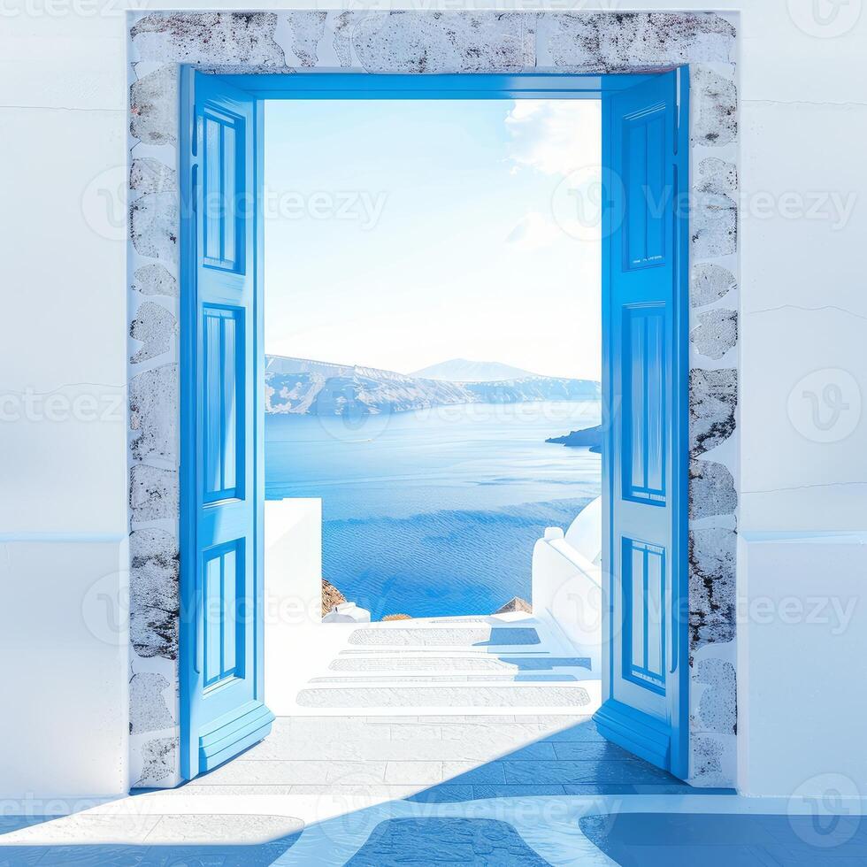 Open door leading to picturesque view of santorini, greece photo