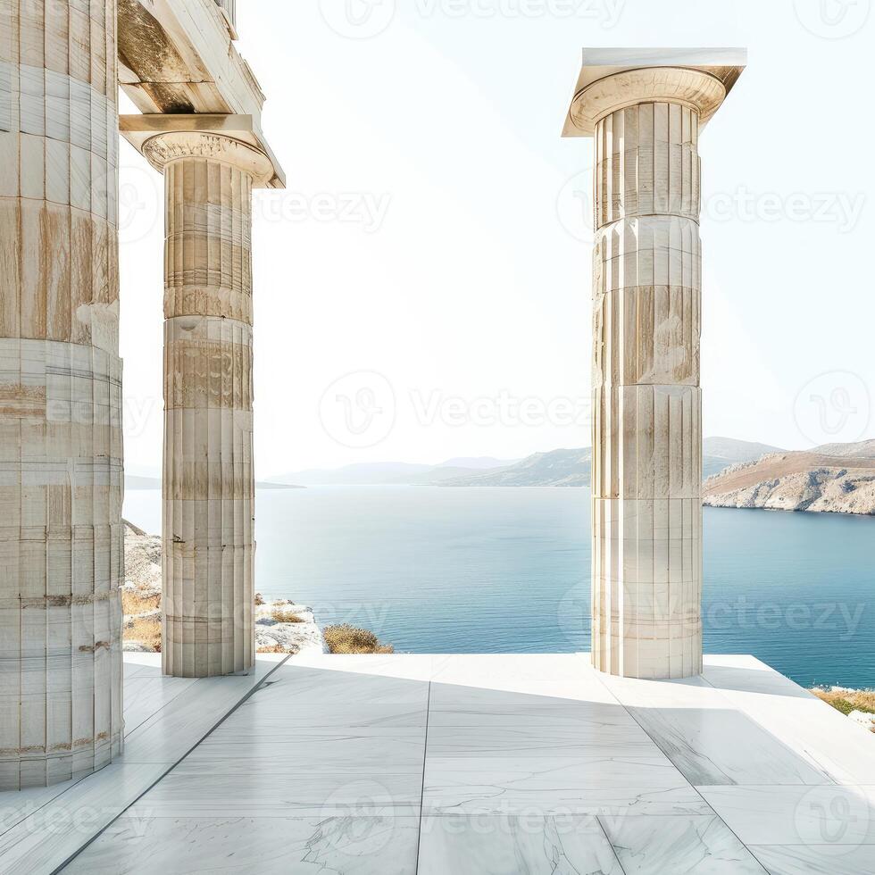 Scenic view of aegean sea from ancient greek temple with doric columns photo