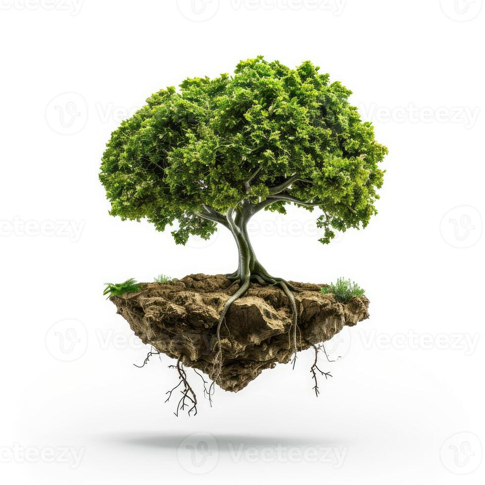 Flying island with tree growing from roots is floating in the air photo