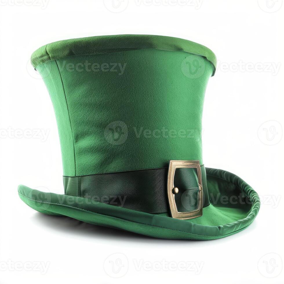 Green leprechaun top hat sitting on white background photo