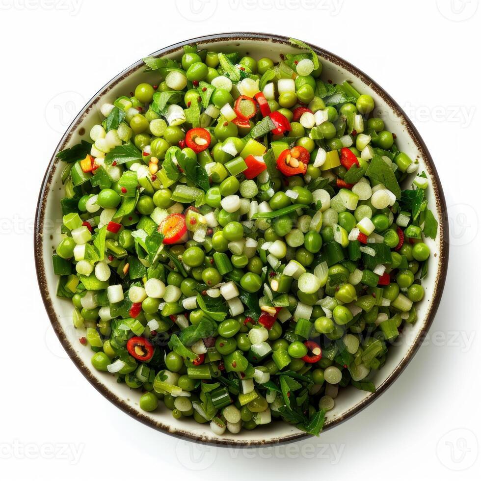 Fresh green peas salad with herbs and chili pepper in bowl photo