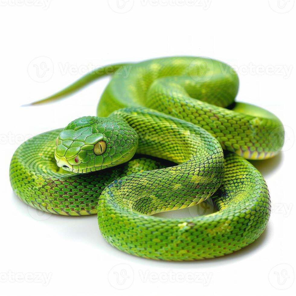 Green tree python resting on white background photo