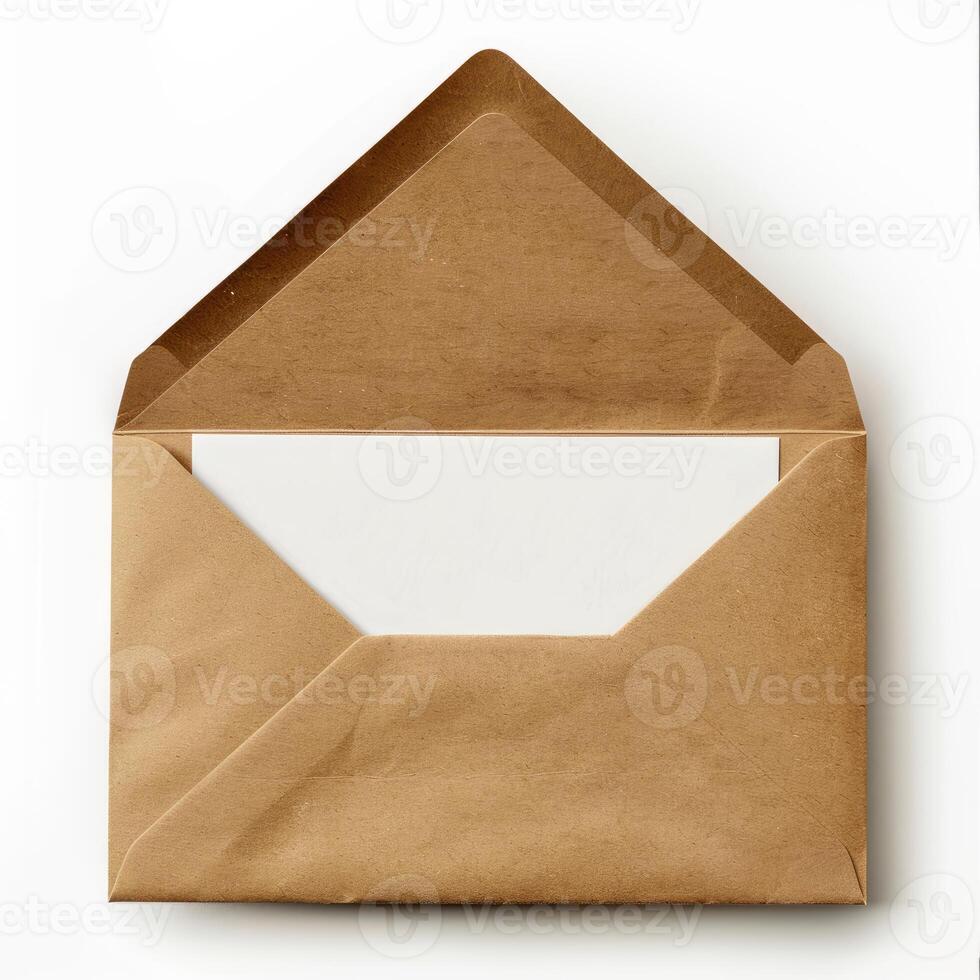 Brown open envelope with blank card on white background photo