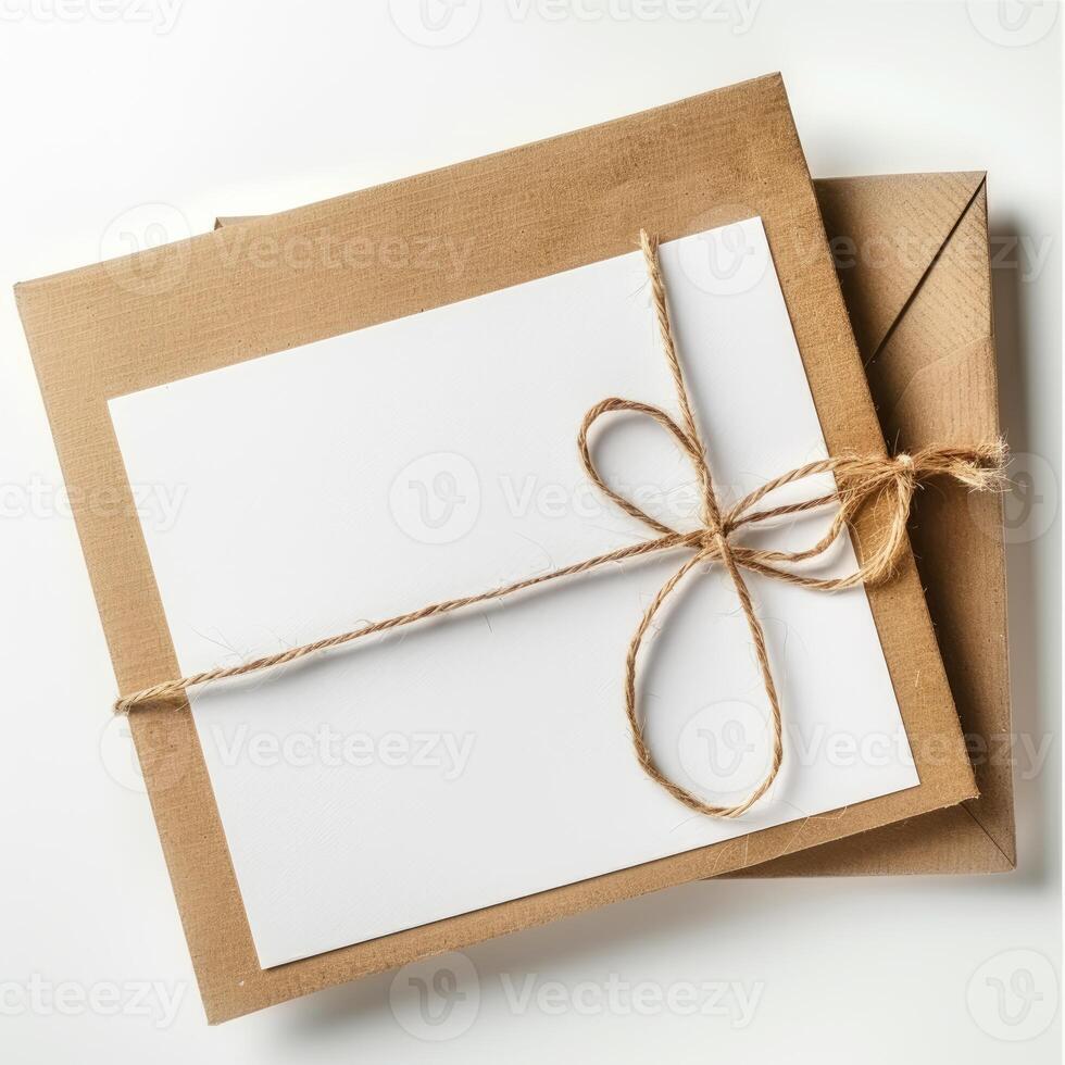 Blank card lying on recycled paper envelope with rustic twine bow photo