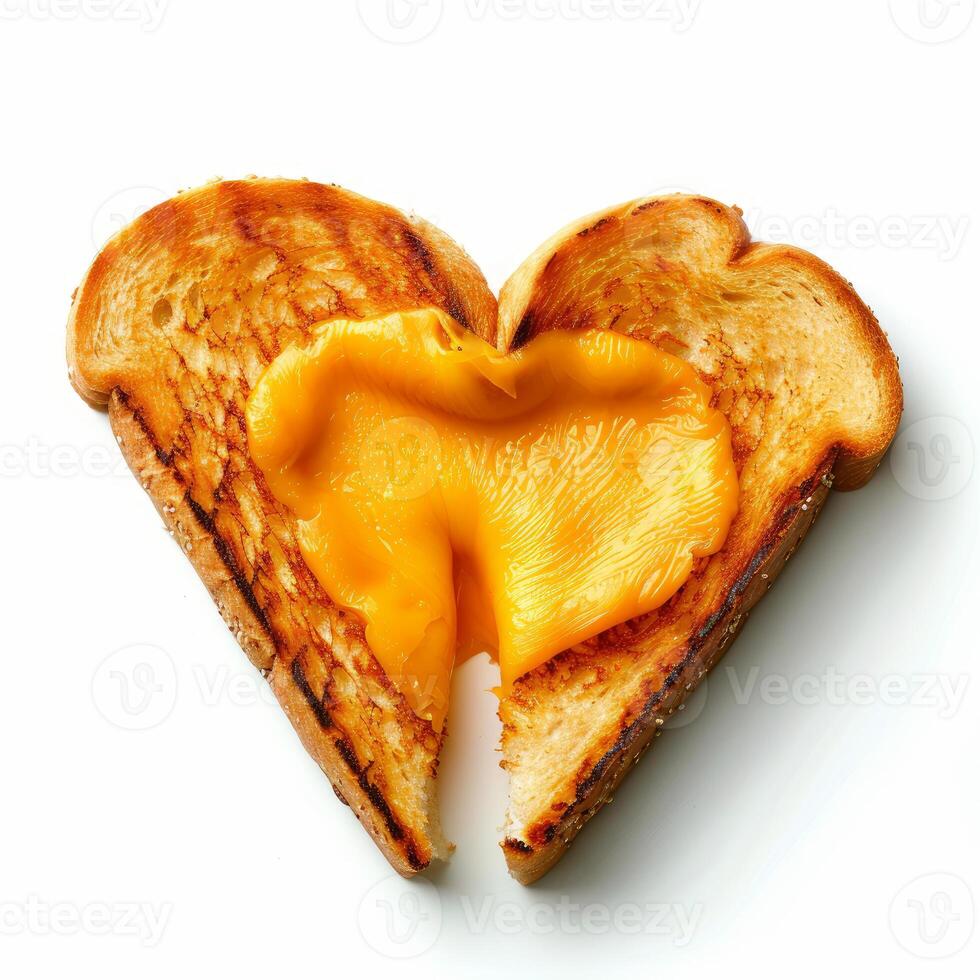 Toasted bread cut into a heart shape with melted cheddar cheese photo