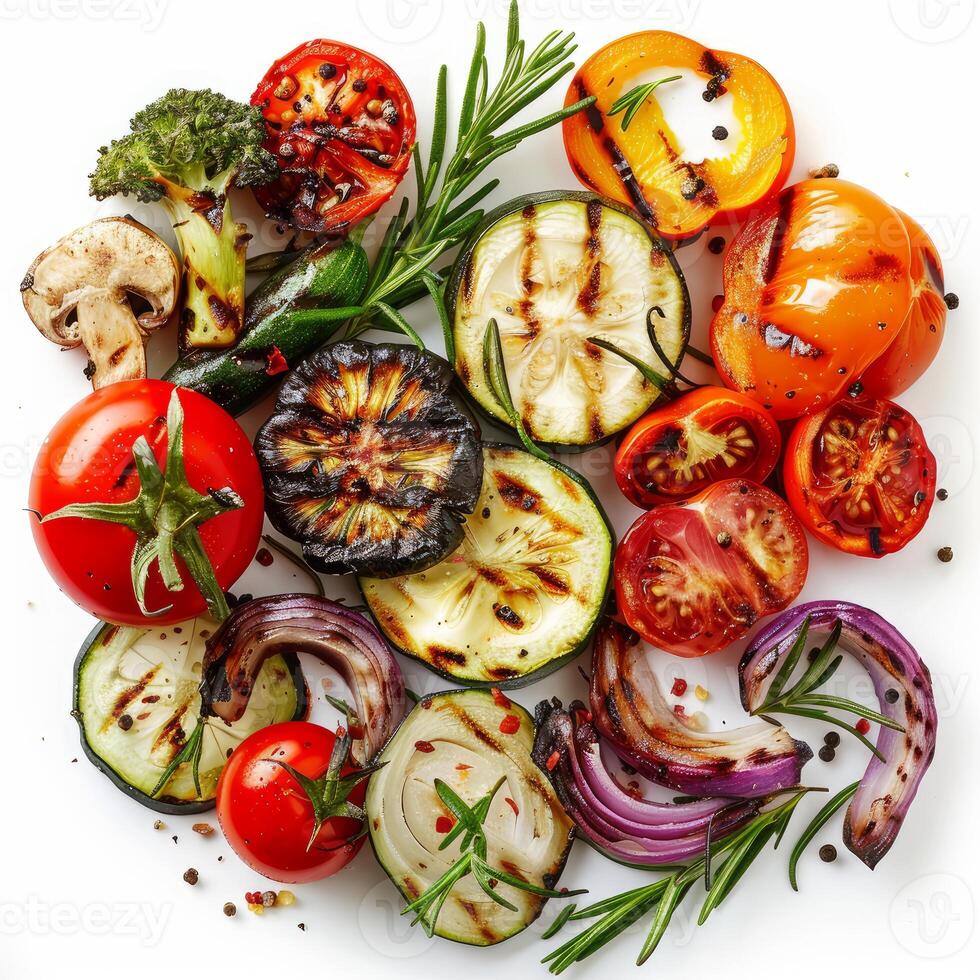 Grilled vegetables on white background forming a circle for healthy eating concept photo