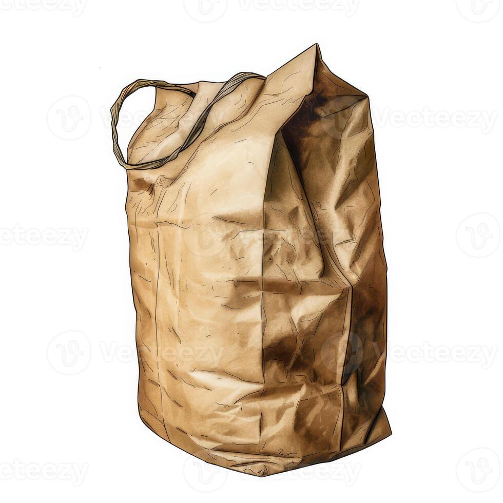 Crumpled brown paper bag standing up with handles photo