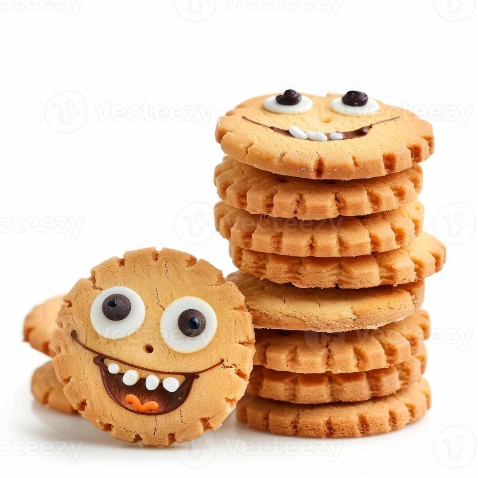 Stack of round cookies smiling with chocolate icing on white background photo