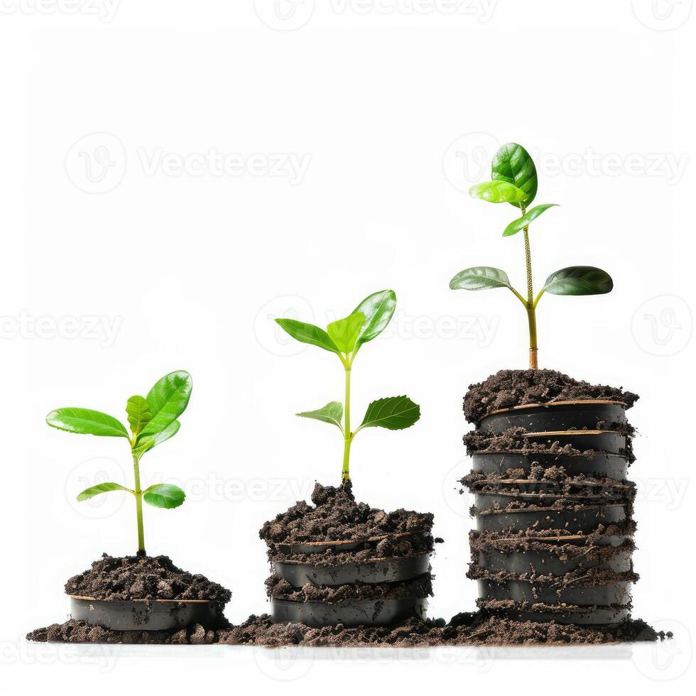 Three plants growing from coins stacked like a bar graph showing income growth photo