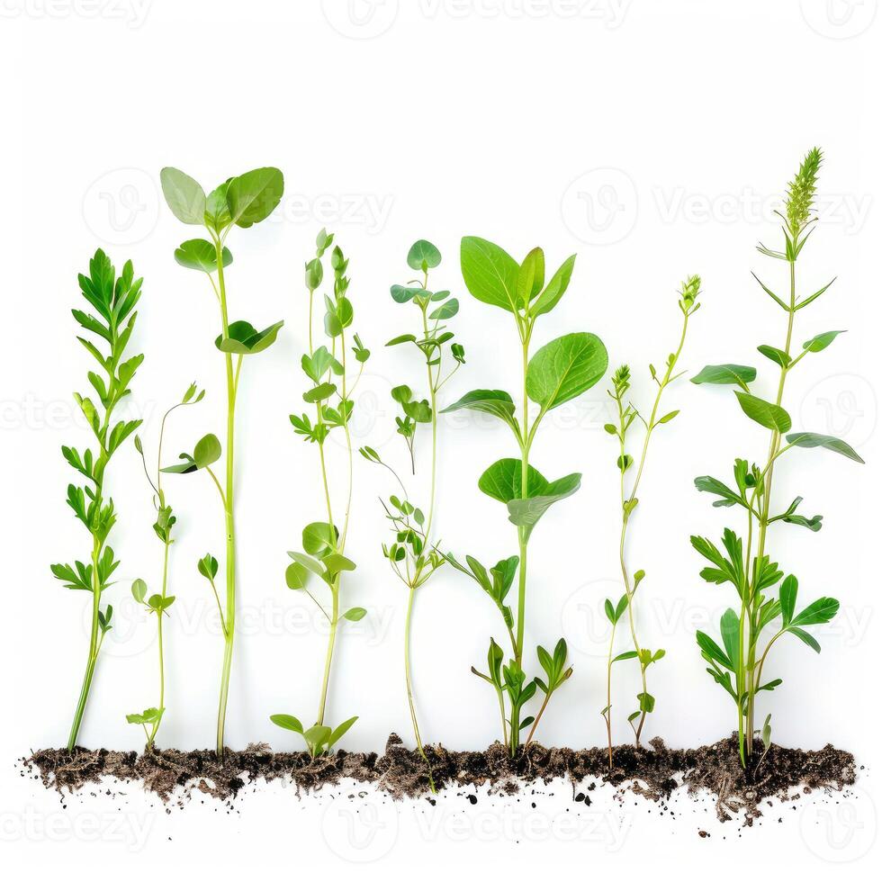 Different green plants growing from soil row on white background photo