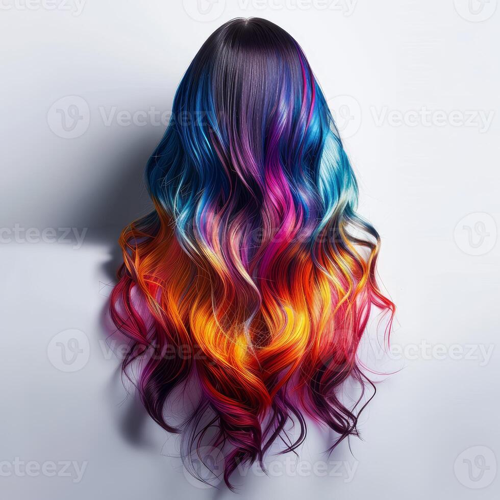 Long healthy wavy hair in rainbow colors flowing on white background photo