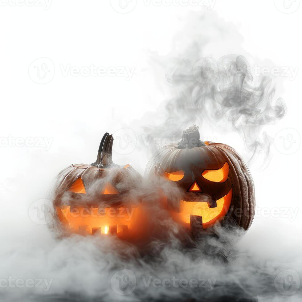 Two illuminated halloween pumpkins emerging from foggy haze photo