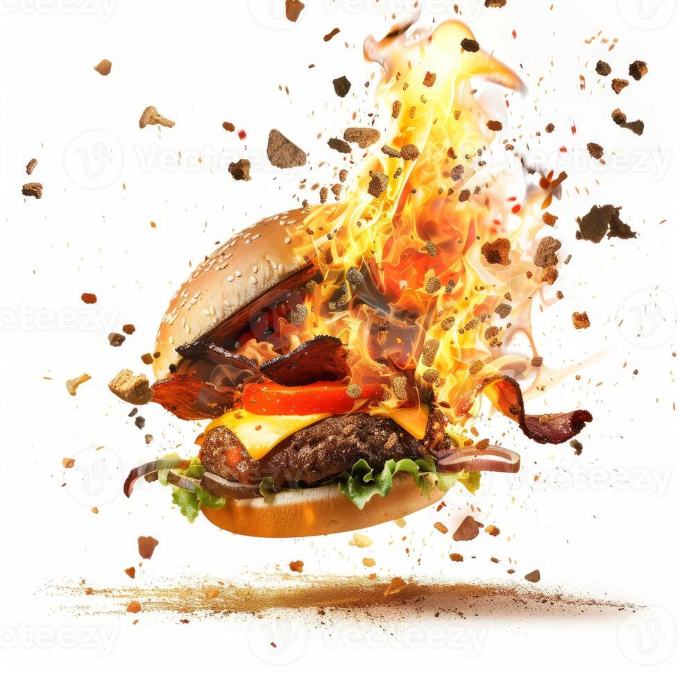 Tasty burger exploding with flames and spices on white background photo