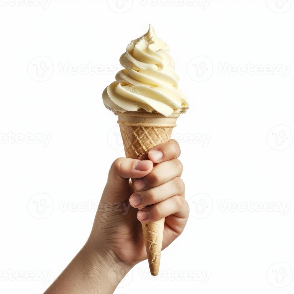 Hand holding delicious soft serve vanilla ricotta ice cream cone photo