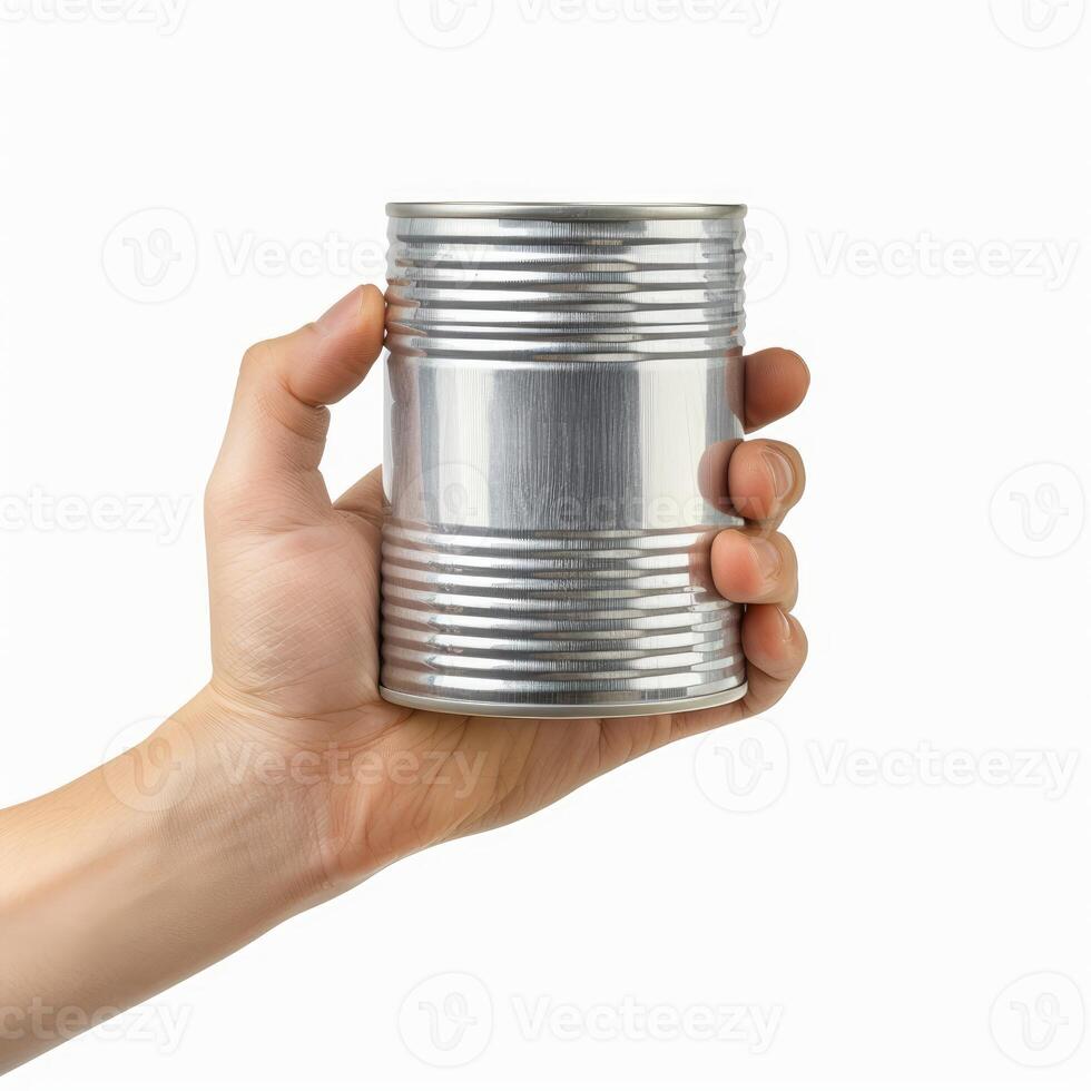 Hand holding an aluminum can on white background photo