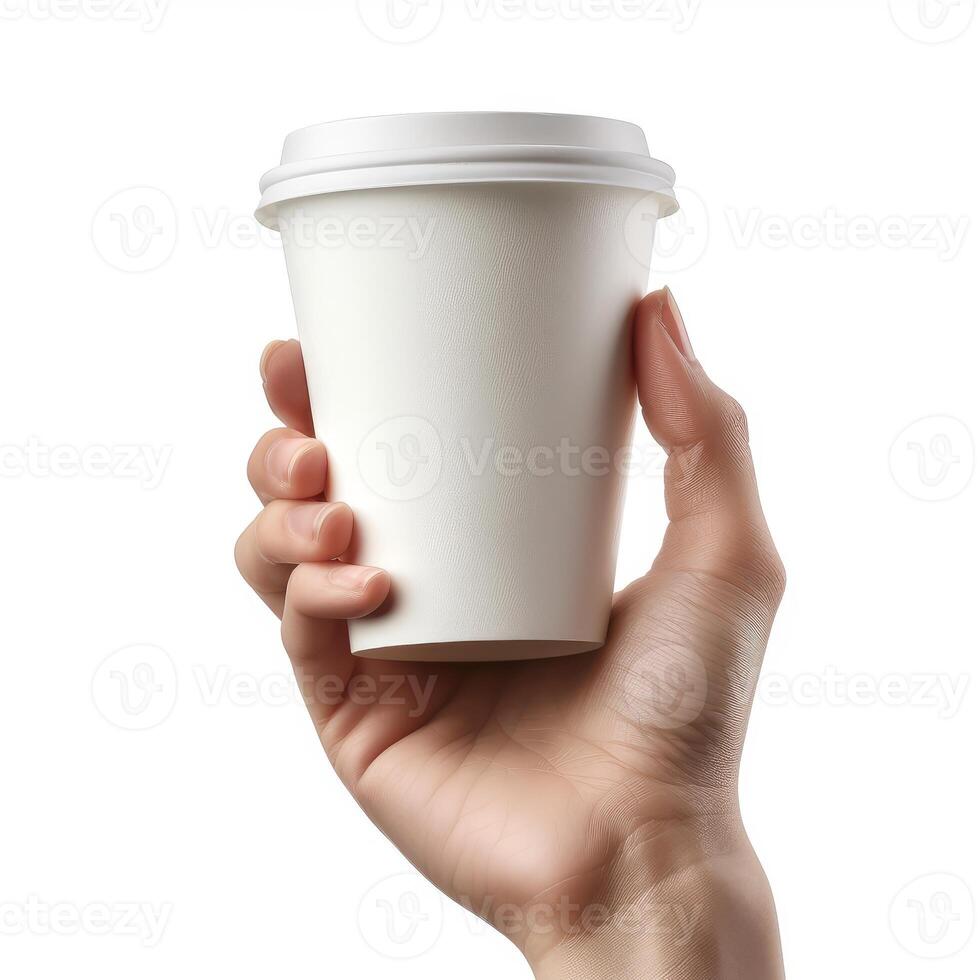Woman hand holding white paper cup photo