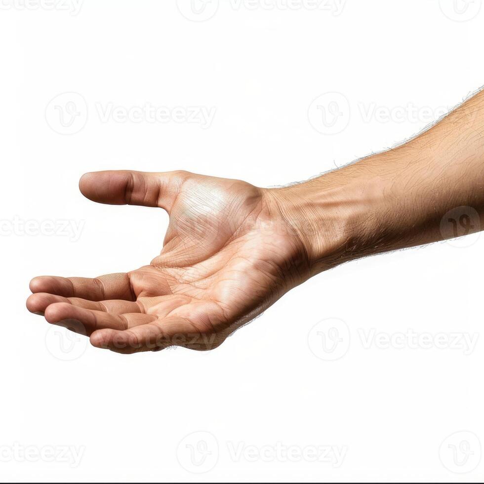 Man handing something with open palm over white background photo
