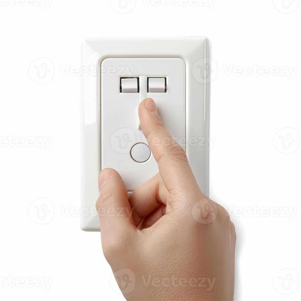 Hand turning on light switch on white wall photo