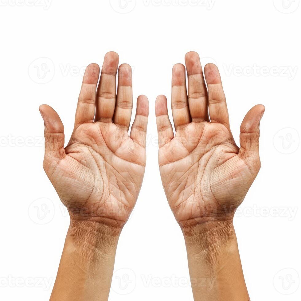 Two hands open and reaching upwards on white background photo