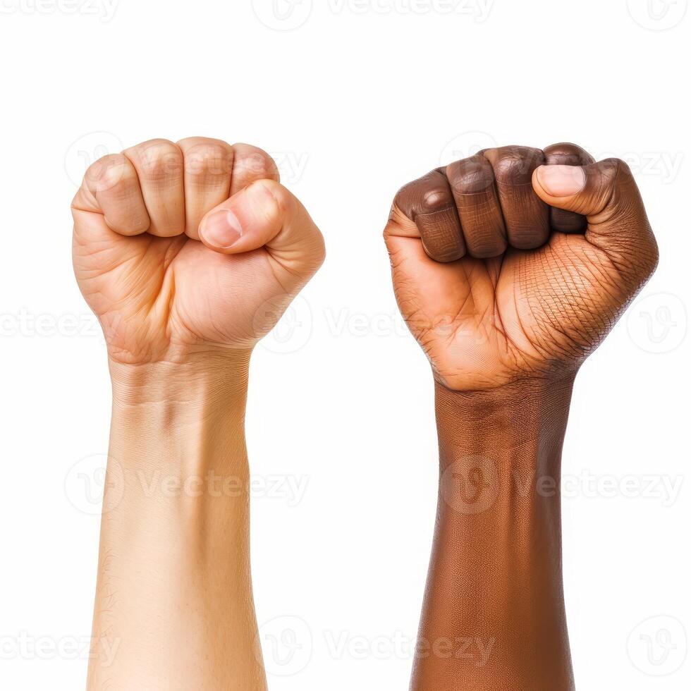 Two fists raised in the air showing unity and strength photo