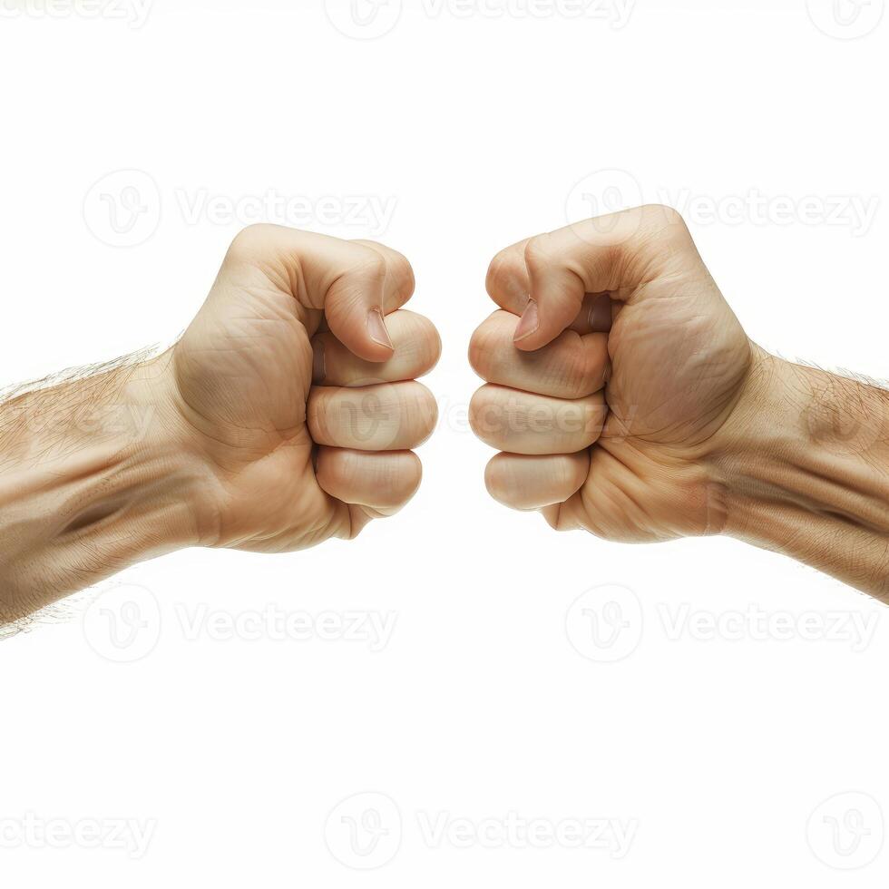 Two male hands with clenched fists facing each other photo
