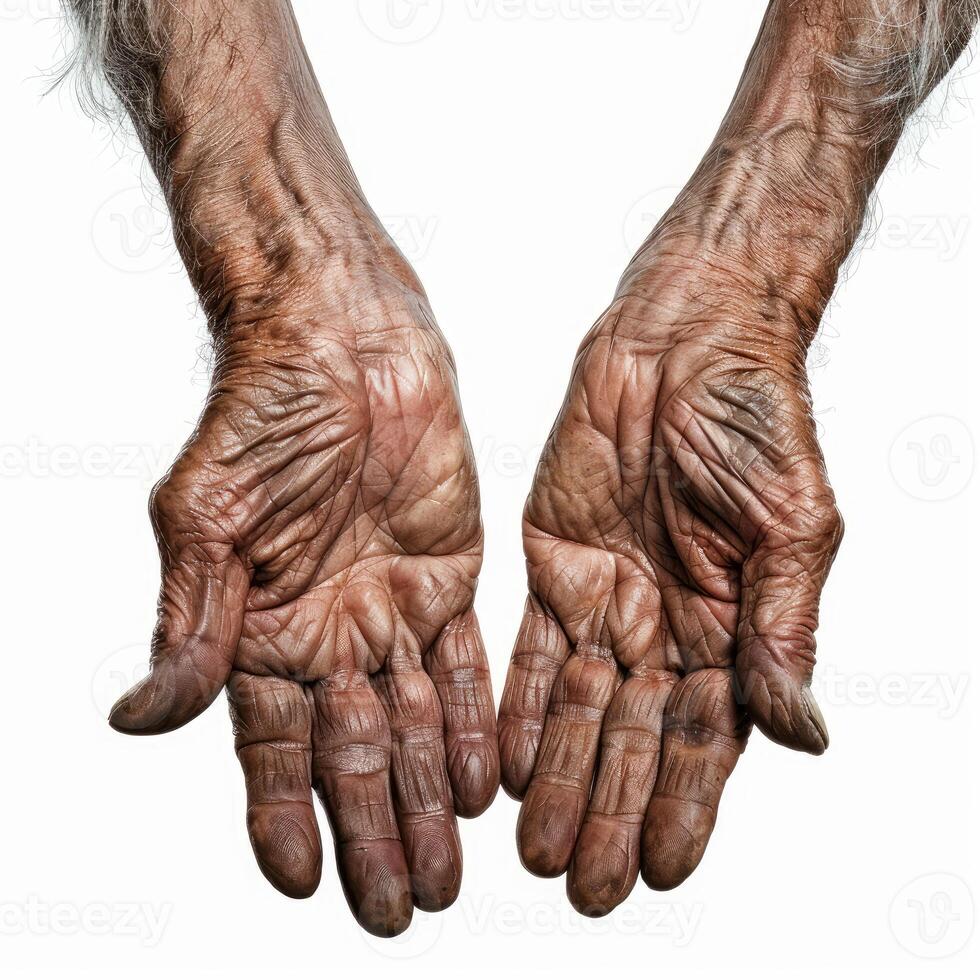 Senior manual worker showing his strong and wrinkled hands photo