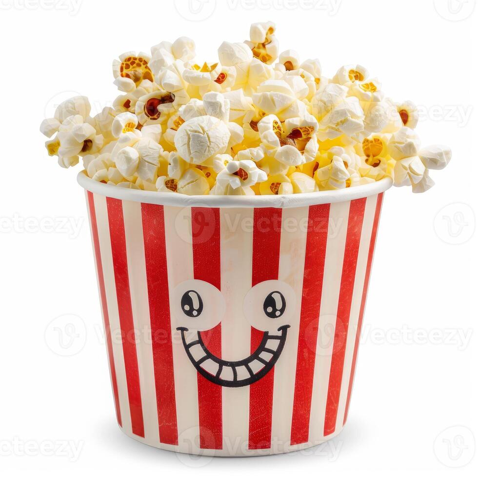 Striped popcorn bucket smiling and overflowing on white background photo