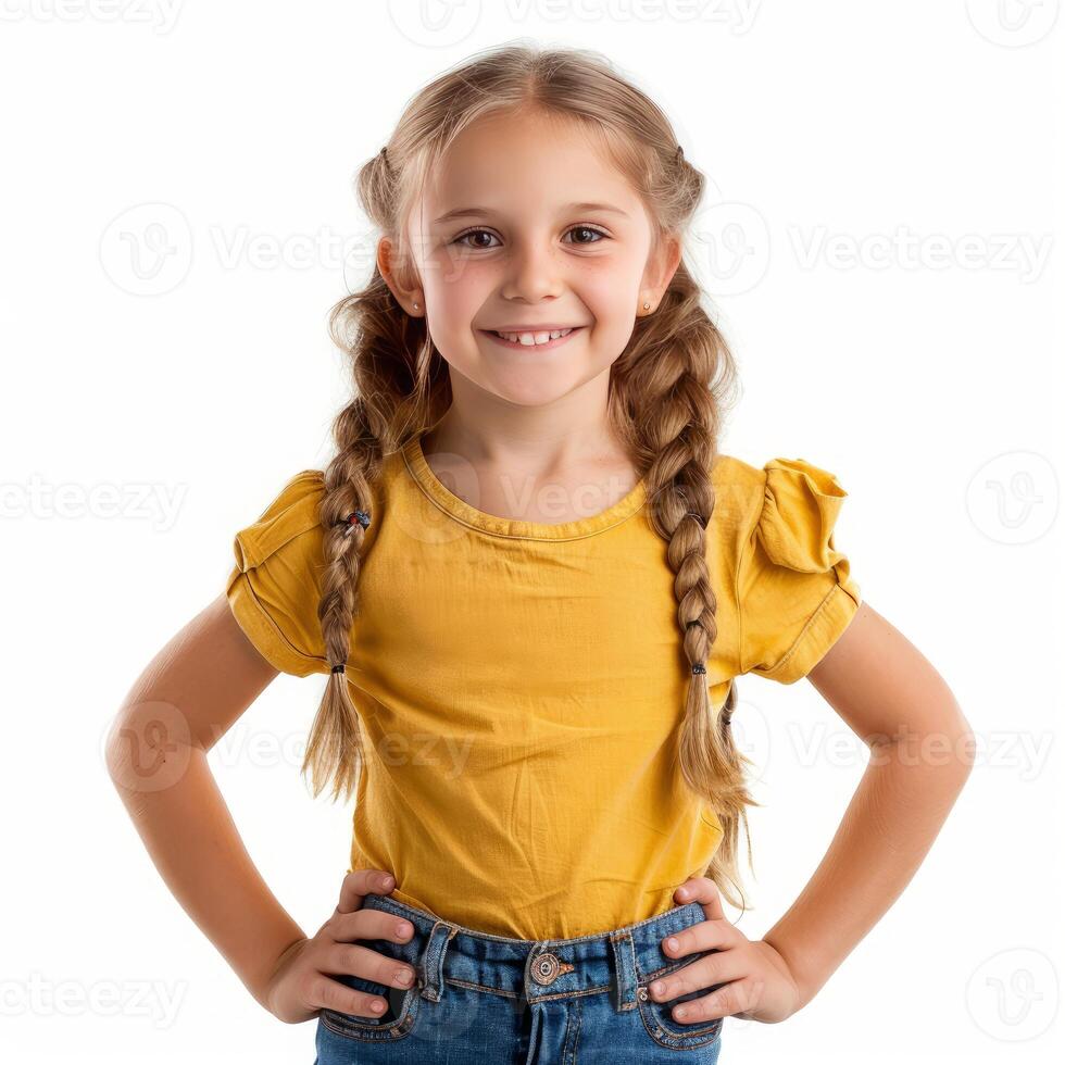 Smiling young girl with braids posing with hands on hips photo
