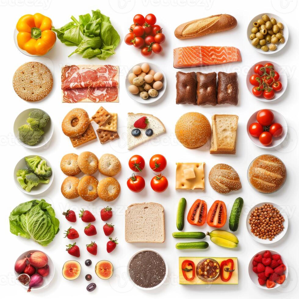 Variety of healthy food groups arranged on white background photo