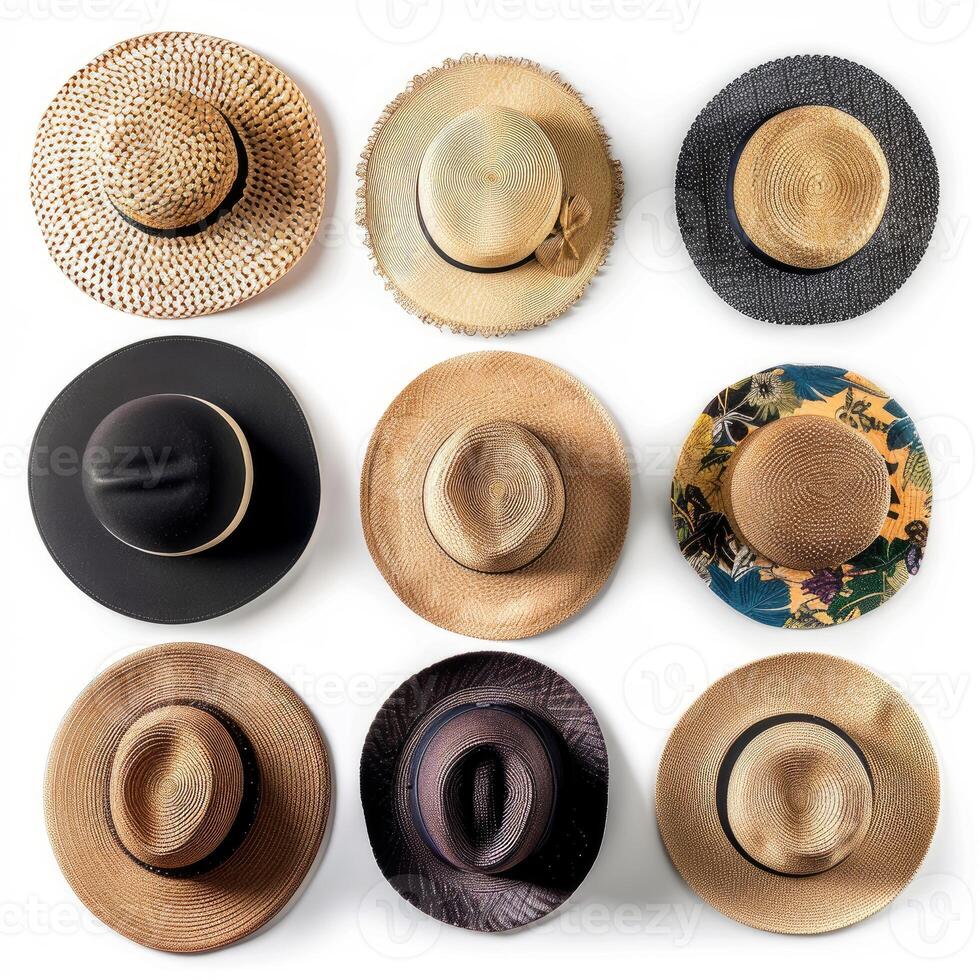 Fashionable hats hanging on a white wall photo